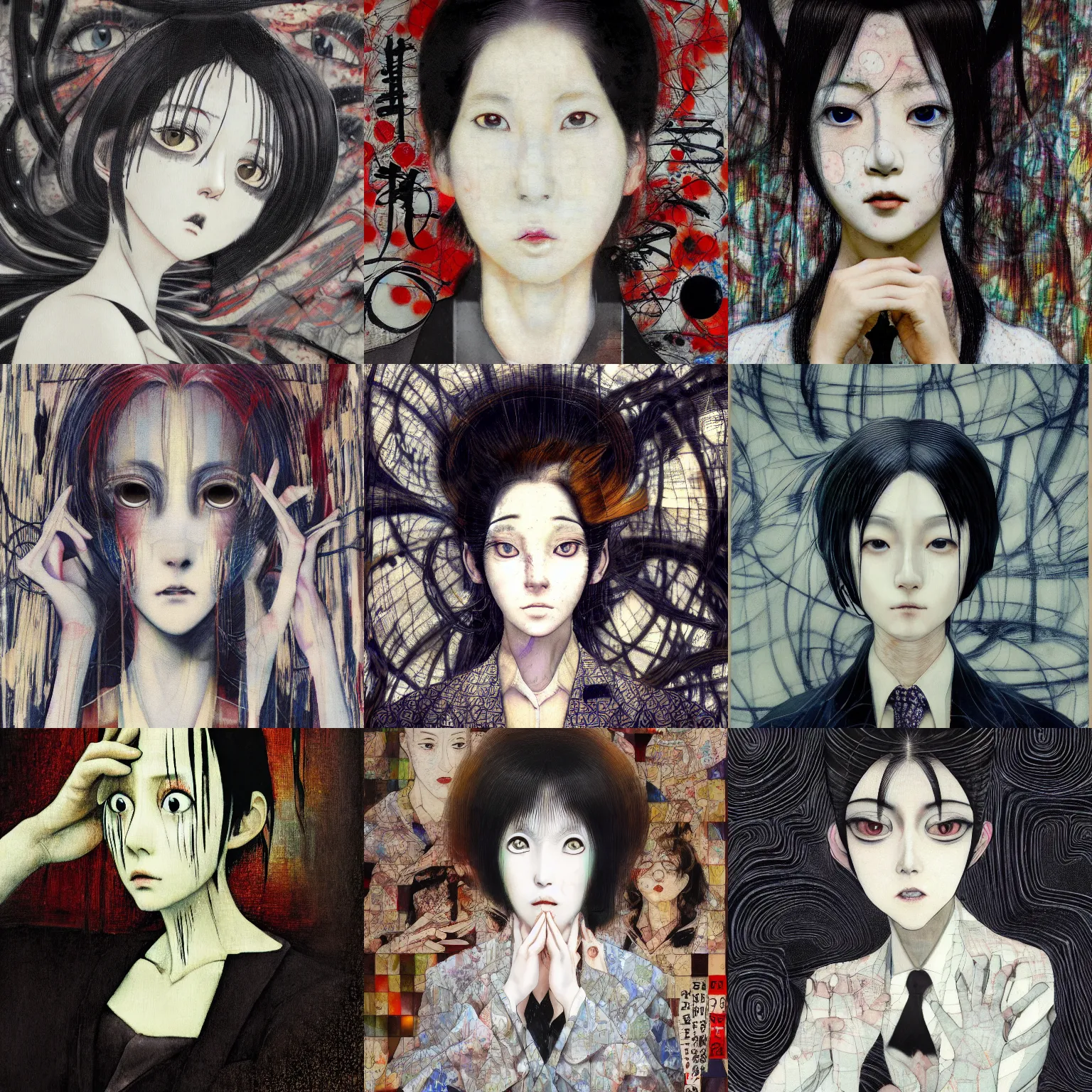 Prompt: yoshitaka amano blurred and dreamy realistic portrait of a woman with black eyes and white hair wearing dress suit with tie, junji ito abstract patterns in the background, satoshi kon anime, noisy film grain effect, highly detailed, renaissance oil painting, weird portrait angle, blurred lost edges, three quarter view, 4 k