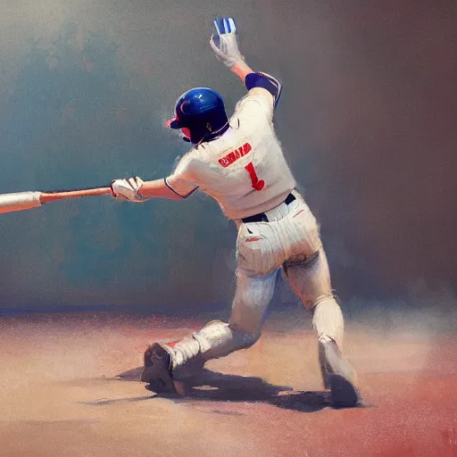 Image similar to baseball player hitting the ball with the baseball bat in the middle of the game and in front of everyone in the stadium, james gurney painting style, greg rutkowski, artstation