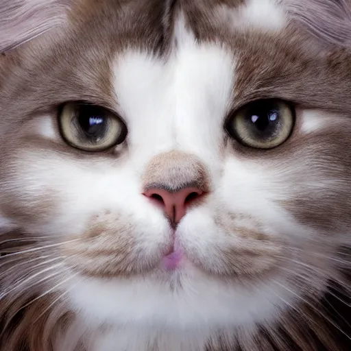 Image similar to very cute huge giant large calico main coon taking up entire bed, stunning eyes, top-down perspective, cinematic lighting, award winning creature photography