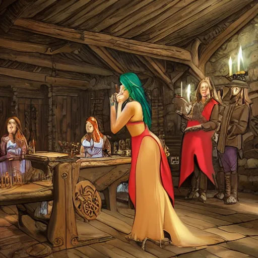 Prompt: An Elven woman singing a tavern while everyone watches her in amazement, realistic style, wide shot