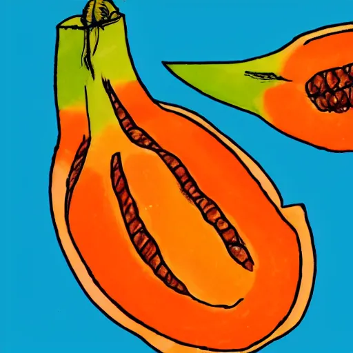 Image similar to a drawing of a papaya fruit with muscles, dressed as a sailor