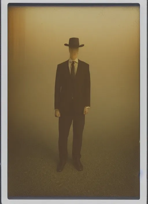 Image similar to mysterious man in suit and hat covered in smoke, standing in the middle of a big metropolis, sunset, polaroid photo