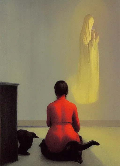 Prompt: woman praying to a goat on rainy night by Edward Hopper and James Gilleard, Zdzislaw Beksinski highly detailed