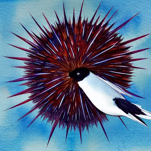 Prompt: An arctic tern with a sea urchin in its mouth, watercolor, illustration, storybook, Artstation