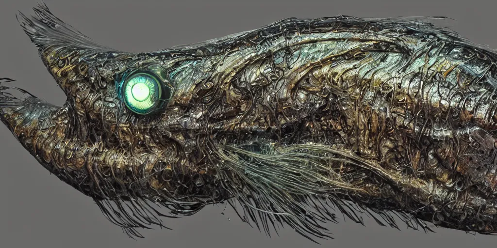 Image similar to angler fish sculpture, stylized layered shapes, long flowing fins, bioluminescent orbs, diffuse lighting, glowing eye, intricate, elegant, highly detailed, lifelike, photorealistic, digital painting, artstation, smooth, sharp focus, art by h r giger