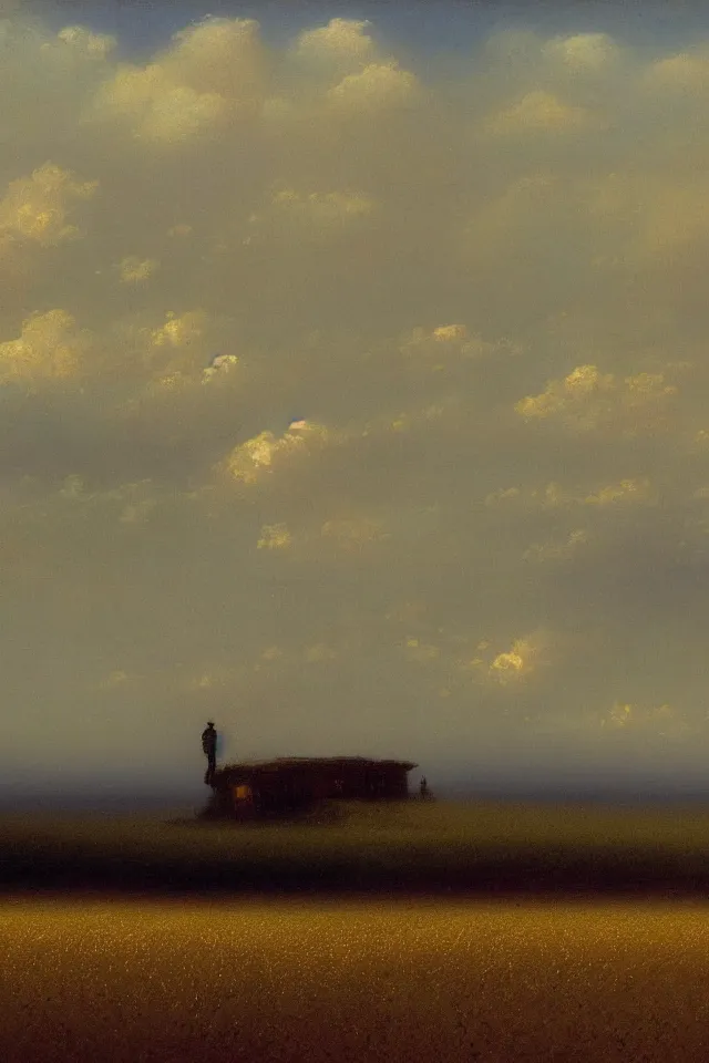 Prompt: the back view of one small robot human on the ground, vast wheat fields, many distant tall buildings far away, by Ivan Aivazovsky, godrays, atmospheric, cinematic, distant world, wide angle, detailed