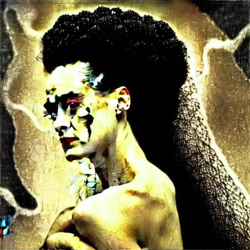 Image similar to a dramatic cinematic portrait photograph of bride of frankenstein influenced by gustav klimt.