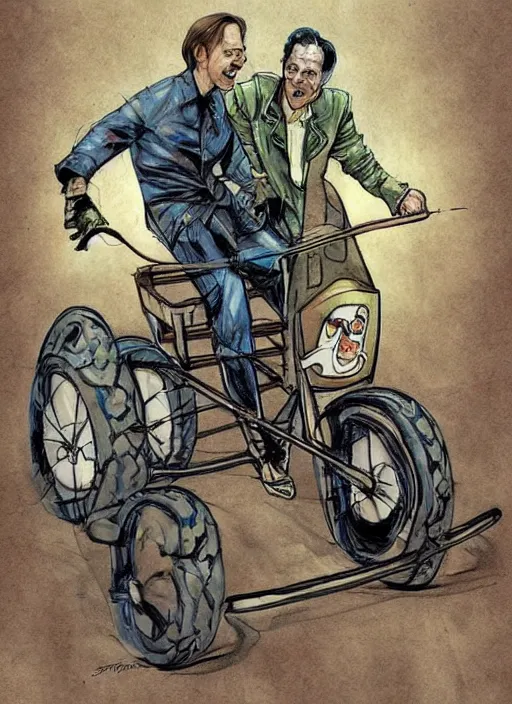 Image similar to beautiful concept art comic book drawing of steve buscemi riding a tricycle by randy vargas and by simon bisley