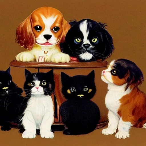 Image similar to Cavalier King Charles Spaniel, two ragdoll kittens and one black cat drinking beer in the style of norman rockwell