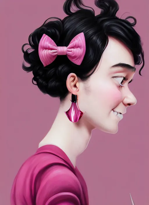 Image similar to portrait of high school girl, realistic, black hair, bangs, half updo hairstyle, pointy nose, skinny, smile, ugly, defined jawline, big chin, pink hair bow, earrings, intricate, elegant, glowing lights, highly detailed, digital painting, artstation, sharp focus, illustration, art by wlop, mars ravelo and greg rutkowski