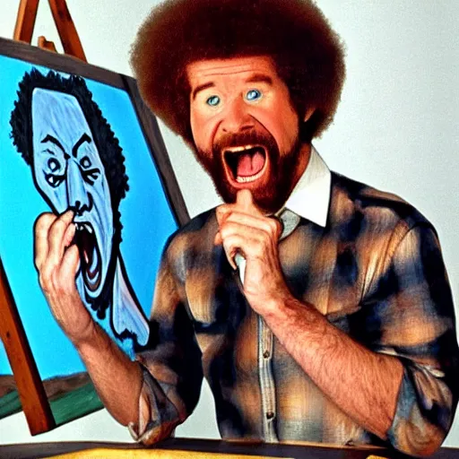 Prompt: bob ross screaming at pablo picasso