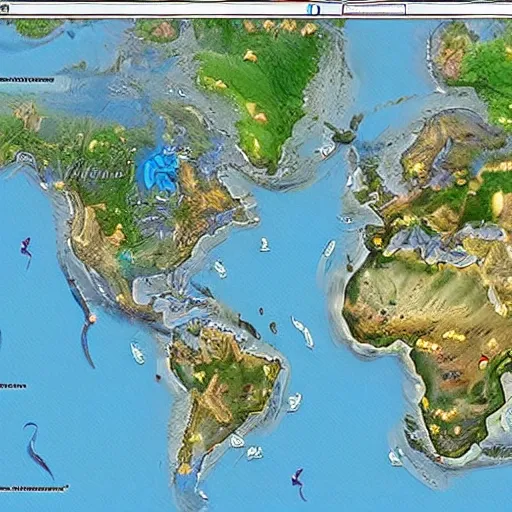 Image similar to google maps satellite image of a magical discworld with many continents like a pokemon sword and shield map.