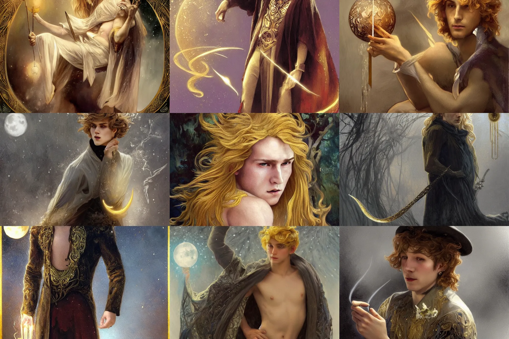 Prompt: young male magician golden hair 1920 goodbye to the goddess of the moon magician casting lightening spells, Frozen II Klaus film, fantasy, intricate, elegant, highly detailed, digital painting, artstation, concept art, smooth, sharp focus, illustration, art masterpiece by art by Krenz Cushart and Artem Demura and alphonse mucha, ArtGerm, Jon Lothian, Danilo Torres, Adi Meyers, Thomas Reimann, Gaston Bussiere