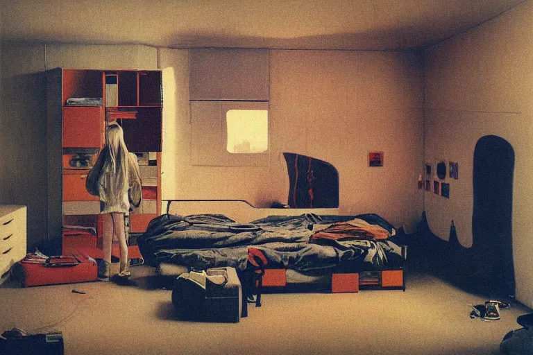 Image similar to IKEA catalogue photo, cyberpunk teenager bedroom, by Beksiński