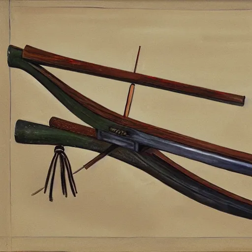 Image similar to painting of a longbow by itself on a weapons rack