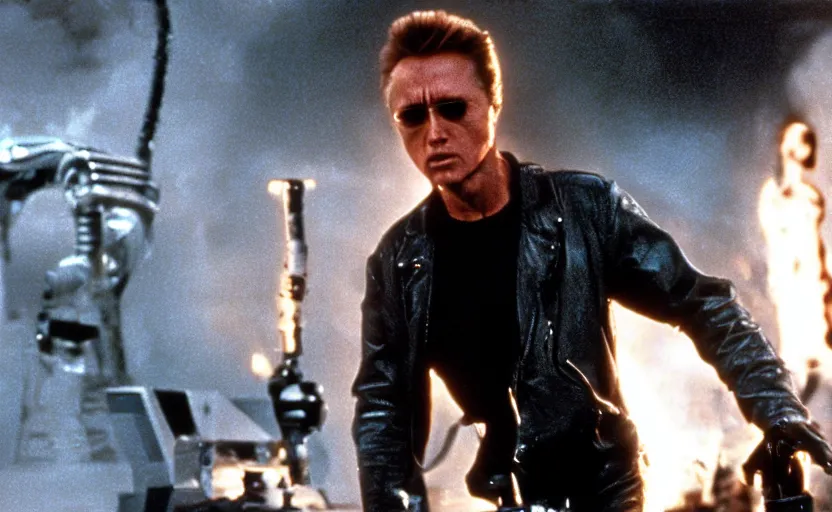 Prompt: VFX film James Cameron's The Terminator starring Christopher Walken