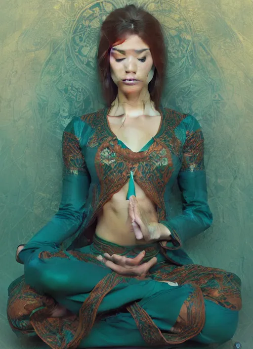 Prompt: girl meditating in lotus position, teal suit, intricate, elegant, highly detailed, artstation, sharp focus, illustration, ruan jia, mandy jurgens, rutkowski, mucha