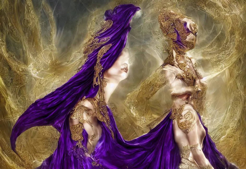 Image similar to a beautiful woman wearing a white niqab made of silk with golden jewelry and diamonds by alex gray and android jones, ornate purple background, karol bak, ayami kojima, arabian, concept art, fantasy,