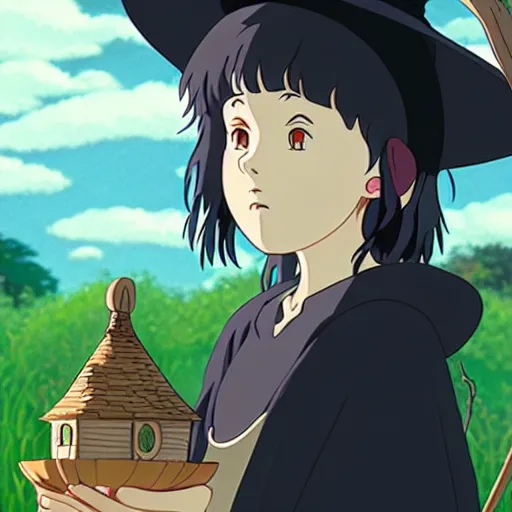 Prompt: A young adult witch with a cottage-core aesthetic, Studio Ghibli, character design, fantasy, 8k resolution