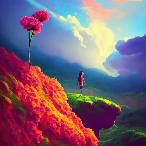 Image similar to giant carnation flower as a head, girl hiking in a canyon, surreal photography, sunrise, dramatic light, impressionist painting, colorful clouds, digital painting, artstation, simon stalenhag