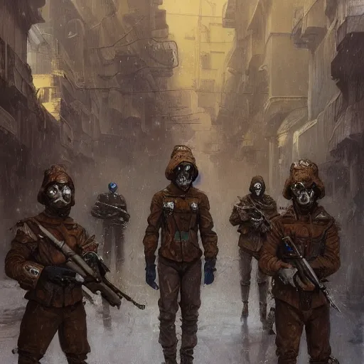 Image similar to portrait of futuristic soldiers squad on the art deco streets of the undying empire city of ya - sattra during the festival of masks, snow, winter, award - winning realistic sci - fi concept art by beksinski, bruegel, greg rutkowski, alphonse mucha, and yoshitaka amano