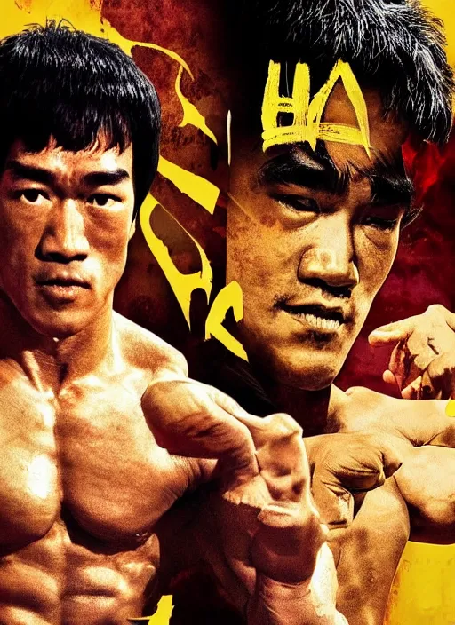 Image similar to Film poster Arnold Schwarzenegger VS Bruce lee , faces look at each other, detailed and realistic, 4k, filmic render