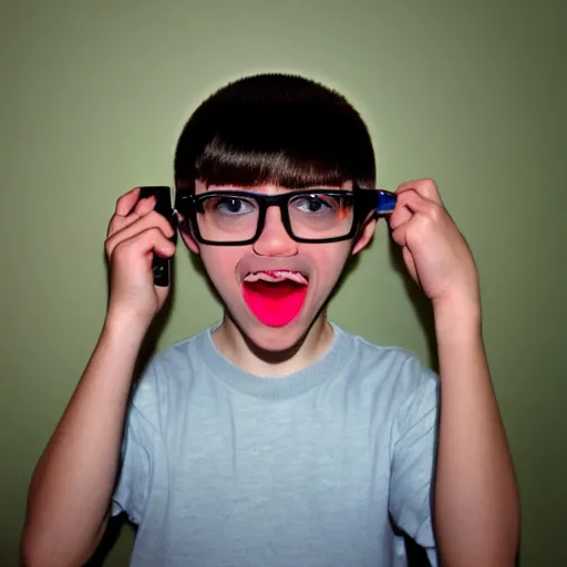 Prompt: an annoying nerd, buck teeth, bowl cut, fisheye lens