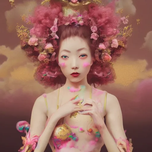 Image similar to 8 k, octane render, realism, tonalism, renaissance, rococo, baroque, portrait asian of a young lady wearing long harajuku manga dress with flowers and skulls, cotton candy!! ( background chaotic gold leaf flowers ) bikini