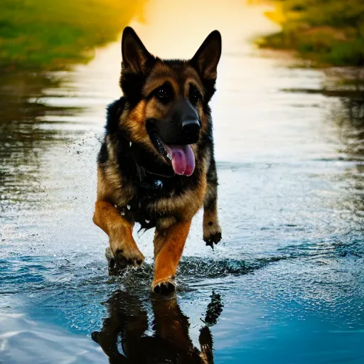 Image similar to German Shepherd walks on Water, 8k photography