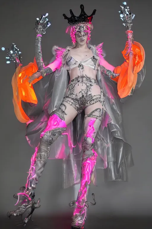Image similar to full-body rococo and cyberpunk style neon statue of a seductive attractive Spanish android sin ropa in a macho heroic pose, bem dotado, piroca, pecho peludo, ethereal white dripping tar, glowing orange lasers, pink tigers, glowing eyes, silver prince crown, black gears, pink diamonds, swirling mint-colored silk fabric. futuristic elements. full-length view. human skulls. large intricate artwork by caravaggio. trending on cgsociety, trending on artstation, octane render, cinematic lighting from the right, hyper realism, octane render, 8k, depth of field, 3D