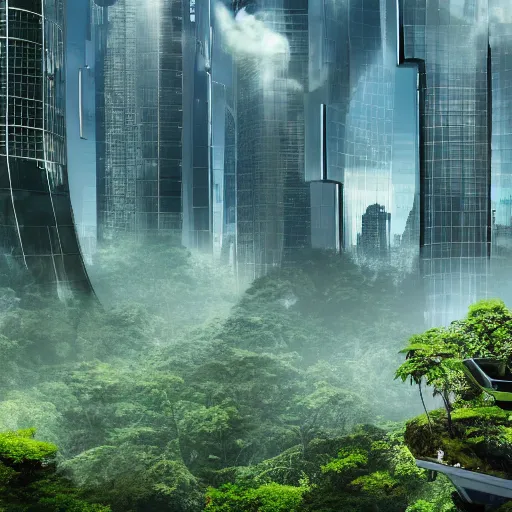 Image similar to extreme wide shot a flock of bird sitting on top of futuristic containment building in a rainforest valley with a city in the distance, national geographic, hyper realistic, 4 k, warm light, the will to endure, artstation