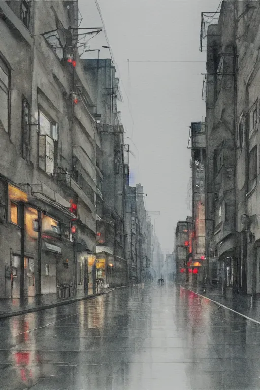 Image similar to a watercolor about contemporary Shanghai, deserted street after rain, cloudy overcast sky, poignant, high contrast of light and dark, smooth, by Joseph Zbikowicz, 8k