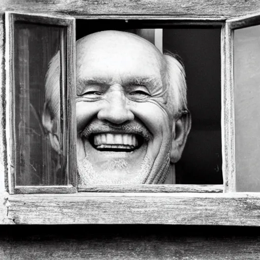 Image similar to an unseen smiling old man seen through a window