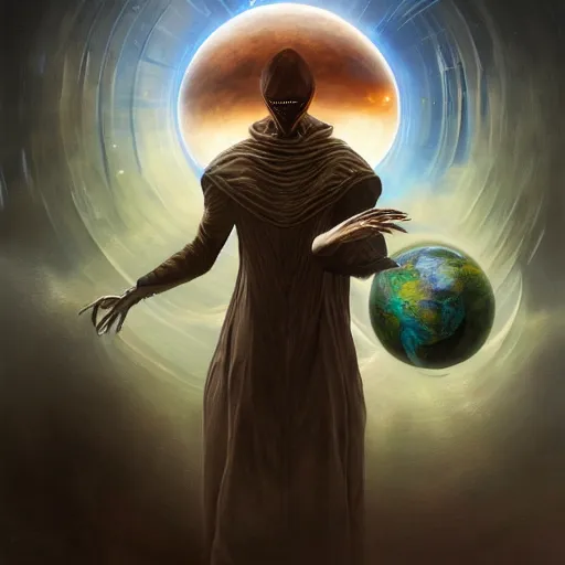 Image similar to masked nomad male wearing a cloak on an alien world and holding a holographic planet projection in his hand, detailed, sci - fi, digital painting, artstation, sharp focus, illustration, ominous, artgerm, tomasz alen kopera, peter mohrbacher, donato giancola, joseph christian leyendecker, wlop, frank frazetta