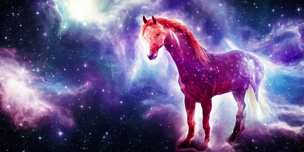 Image similar to an astronaut horse in outer space, epic nebula