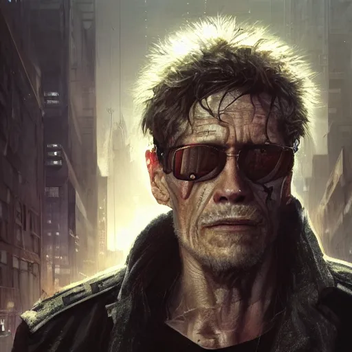 Image similar to closeup portrait of william dafoe, cyberpunk, shaggy ex military guy, city background, dramatic light, gorgeous view, depth, high detail, digital art, painted by greg rutkowski and seb mckinnon, neuromancer, trending on artstation