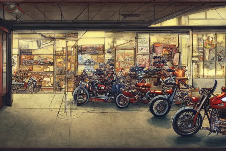 harley davidson in post apocaliptic city, panoramic, Stable Diffusion