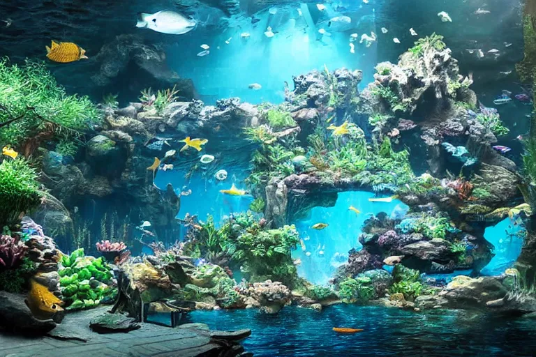 Image similar to the most amazing dream you ever had about aquarium world, hyper realistic, ambient lighting, concept art, intricate, hyper detailed, smooth, dynamic volumetric lighting, octane, cinematic