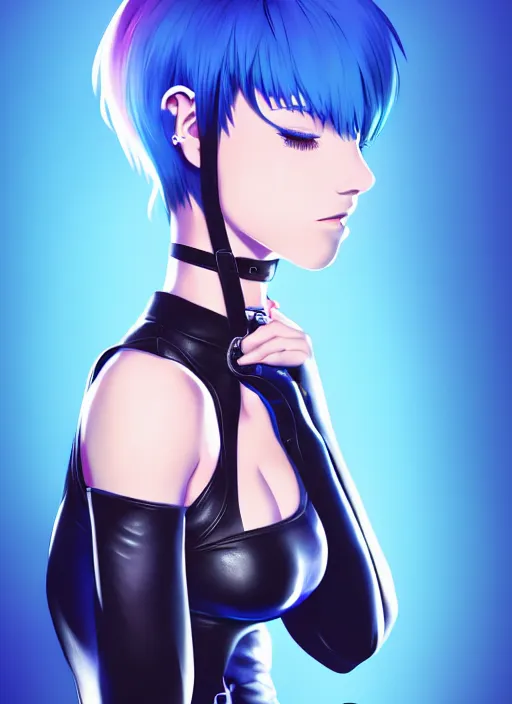 Image similar to hyper realistic photograph portrait of pretty girl with blue hair, wearing a full leather outfit, holding a whip, dramatic lighting by makoto shinkai, ilya kuvshinov, lois van baarle, rossdraws, basquiat