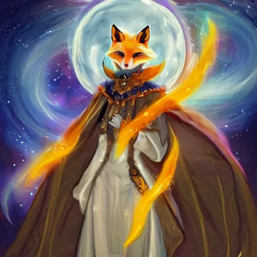 Image similar to a painted avatar portrait of an awesome cosmic powerful anthropomorphic kitsune fox mage themed around life and death and the stars and the cosmos and dressed in elegant elven mage robes, in the style of dnd beyond avatar portraits, beautiful, artistic, elegant, lens flare, magical, lens flare, nature, realism, stylized, art by jeff easley