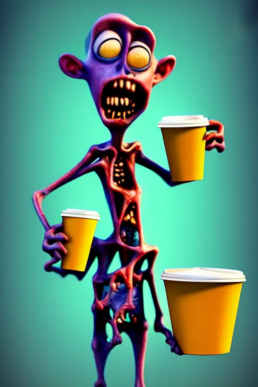 Prompt: a funny zombie character with big eyes holding a cup of coffee on a cemetery at night. pixar disney 4 k 3 d render movie oscar winning trending on artstation and behance. ratatouille style.
