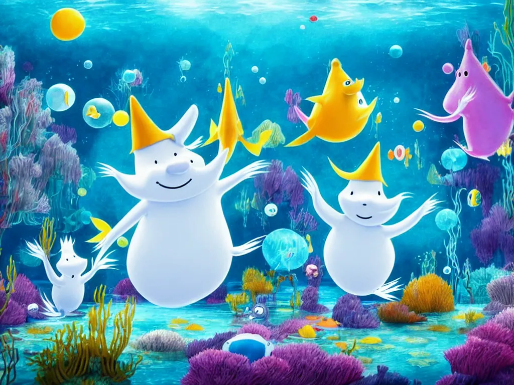 Image similar to underwater moomins discovering the water planet looking at many colorful fishes in the background, photorealistic painting, cgi, low volumetric light, movie still, very cute and cozy and fluffy and sweet