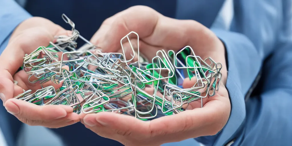 Prompt: a business person holding an enourmous amount of entangled paperclips in their