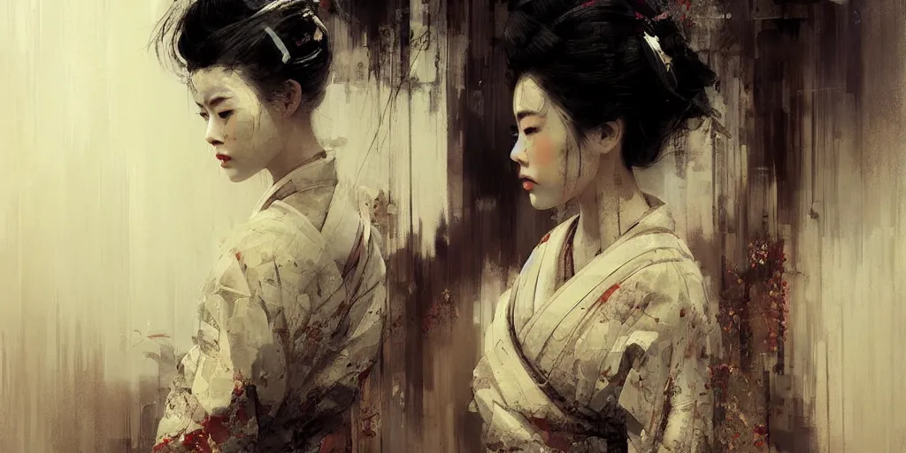 Image similar to female geisha girl, beautiful face, rule of thirds, intricate outfit, by greg rutkowski, by jeremy mann, digital painting