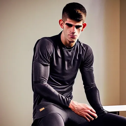 Prompt: a realistic detailed photo of a guy who is an attractive humanoid who is half robot and half humanoid, who is a male android, soccer player christian pulisic, shiny skin, posing like a statue, blank stare, in a living room, on display, showing off his muscles