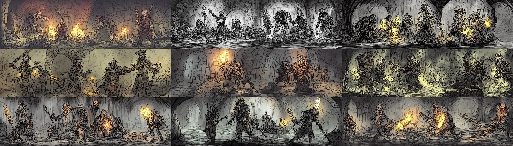 Prompt: concept sketch for darkest dungeon movie sewer adventures where the wizard stands in a waist - deep river holding a torch in a long twisting sewer tunnel. underground, crumbling masonry, sewage falling from grates.
