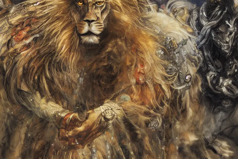 Image similar to 8k Yoshitaka Amano painting of upper body of a young cool looking lion beast-man with white mane at a medieval market at windy day. Depth of field. He is wearing complex fantasy bohemian clothing. He has huge paws. Renaissance style lighting.