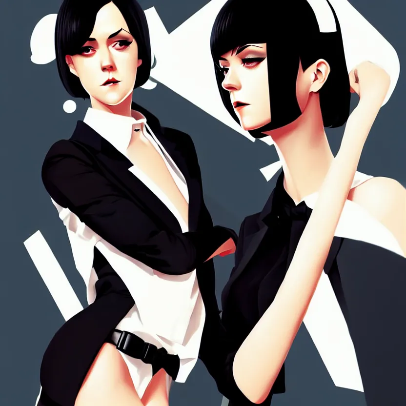 Prompt: jena malone, slim cruel business girl in tuxedo with black bob hair, elegant, 2 d, ultra highly detailed, digital painting, smooth, sharp focus, artstation, art by ilya kuvshinov!