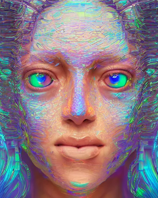 Prompt: portrait of a beautiful swiss woman made of iridescent skin. intricate abstract. intricate artwork. by tooth wu, wlop, beeple, dan mumford. trending on artstation, greg rutkowski very coherent symmetrical artwork. cinematic, hyper realism, high detail, octane render, 8 k, iridescent accents