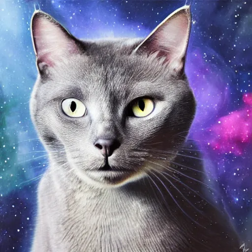 Prompt: portrait of grey cat with big green eyes in the space with nebulae, realistic painting, high definition, digital art, matte painting, very detailed, realistic
